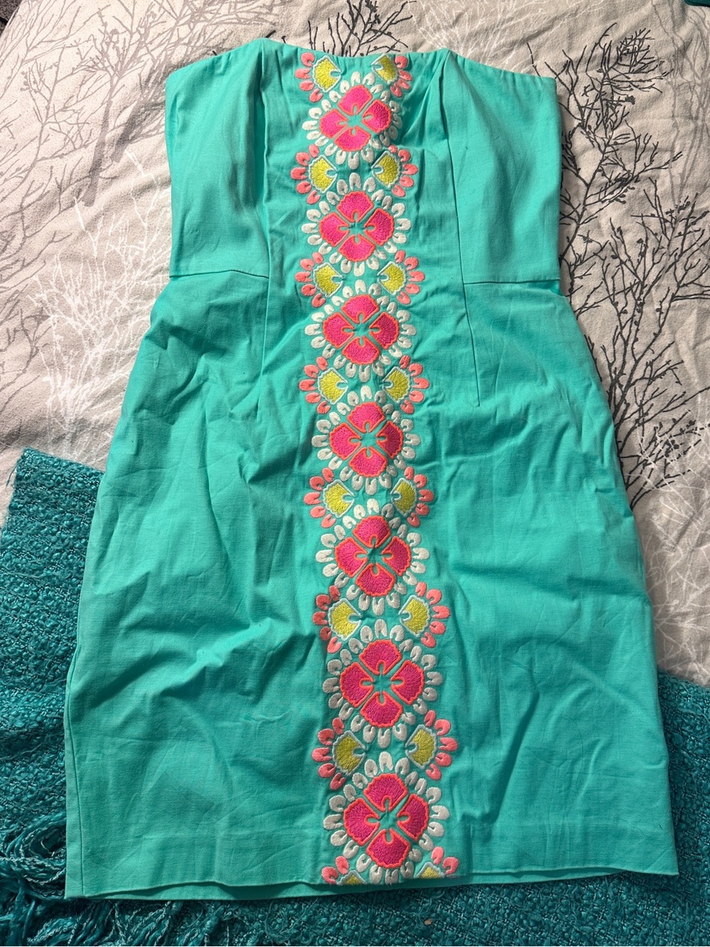 Vineyard Vines Turquoise Embroidered Strapless Dress with Pink Floral Trim